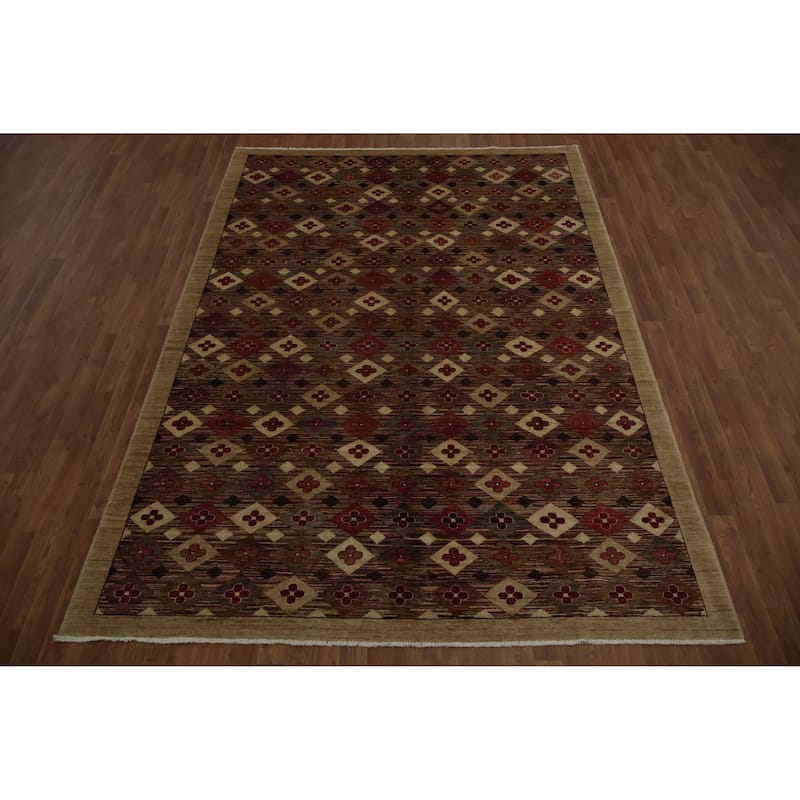 Hand Knotted Oriental 100% Wool Carpet Modern All-Over Multi-Colored Contemporary Area Rug - 9' 9'' X 6' 10''