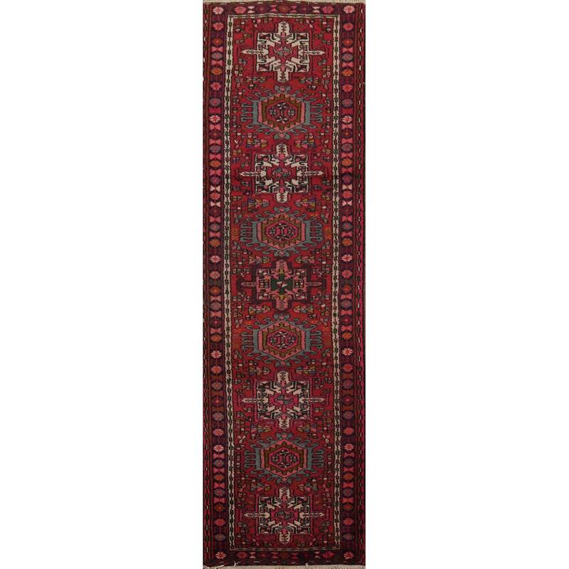 Hand Knotted Oriental 100% Wool Carpet Traditional Tribal Red Gharajeh Runner Rug - 9' 7'' X 2' 3''