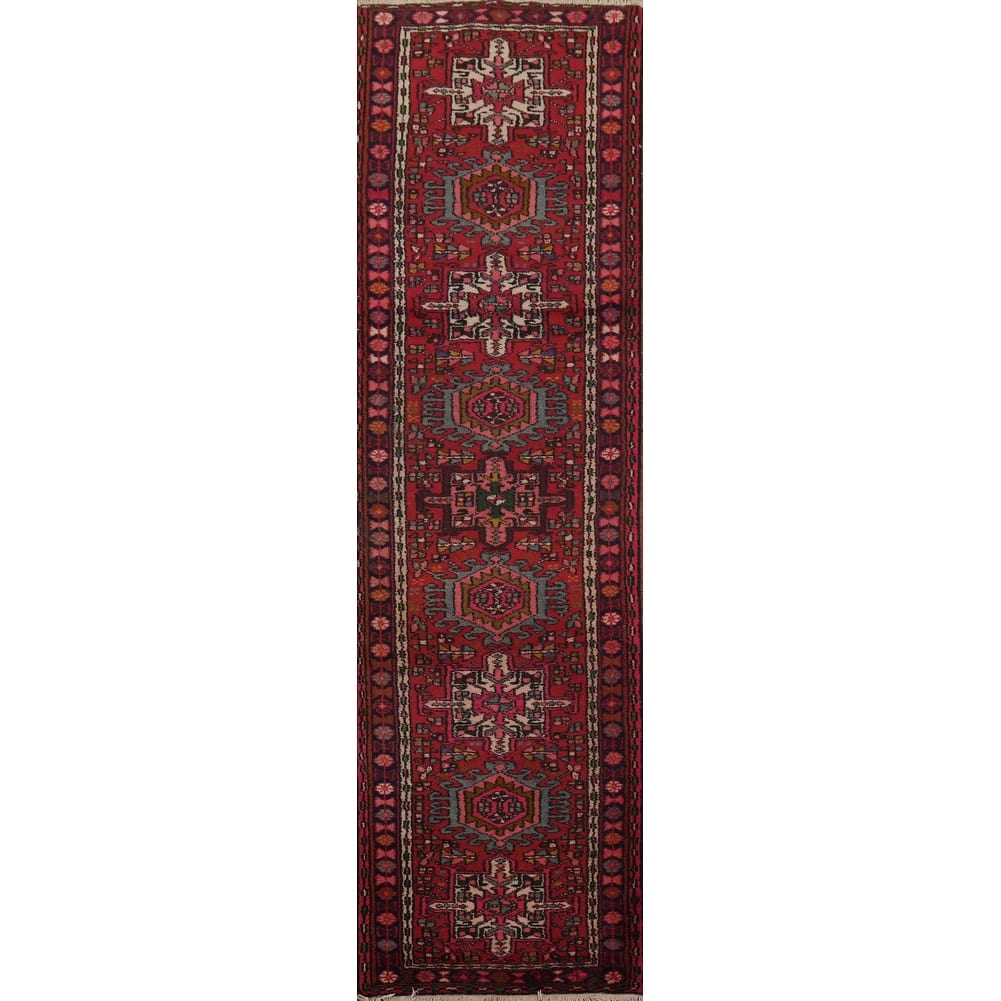 Hand Knotted Oriental 100% Wool Carpet Traditional Tribal Red Gharajeh Runner Rug - 9' 7'' X 2' 3''