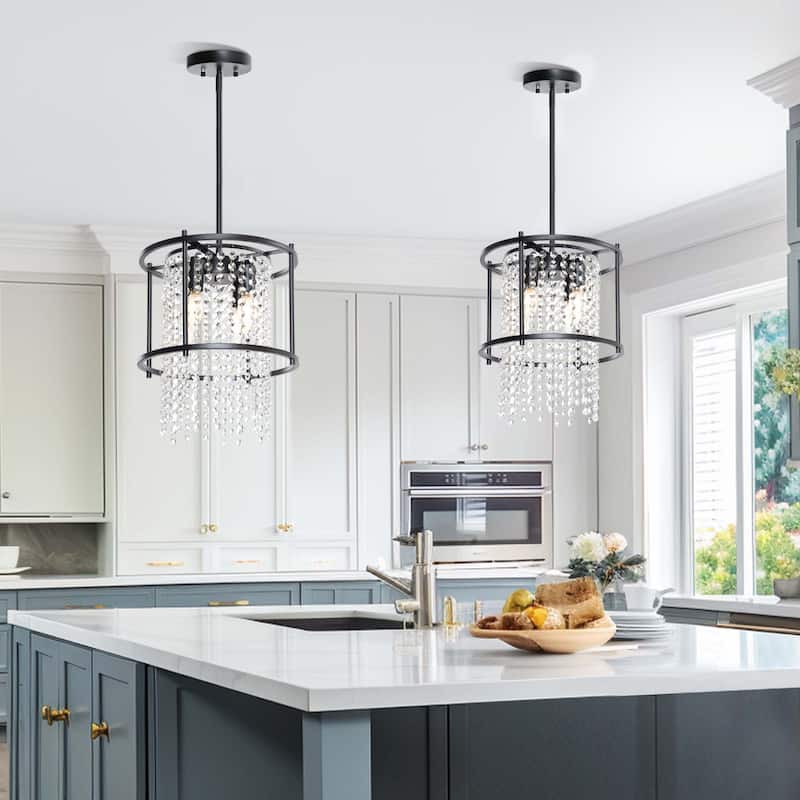 Round 4-Light Dining Room Crystal Light Chandelier Fixture for Kitchen Island Dining Room - Black