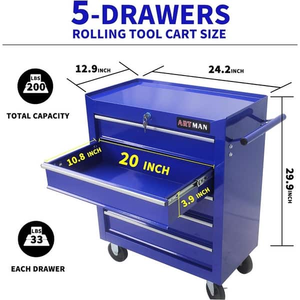 dimension image slide 1 of 6, 5-Drawer Rolling Tool Cart with Wheels Garage Storage Tool Chest