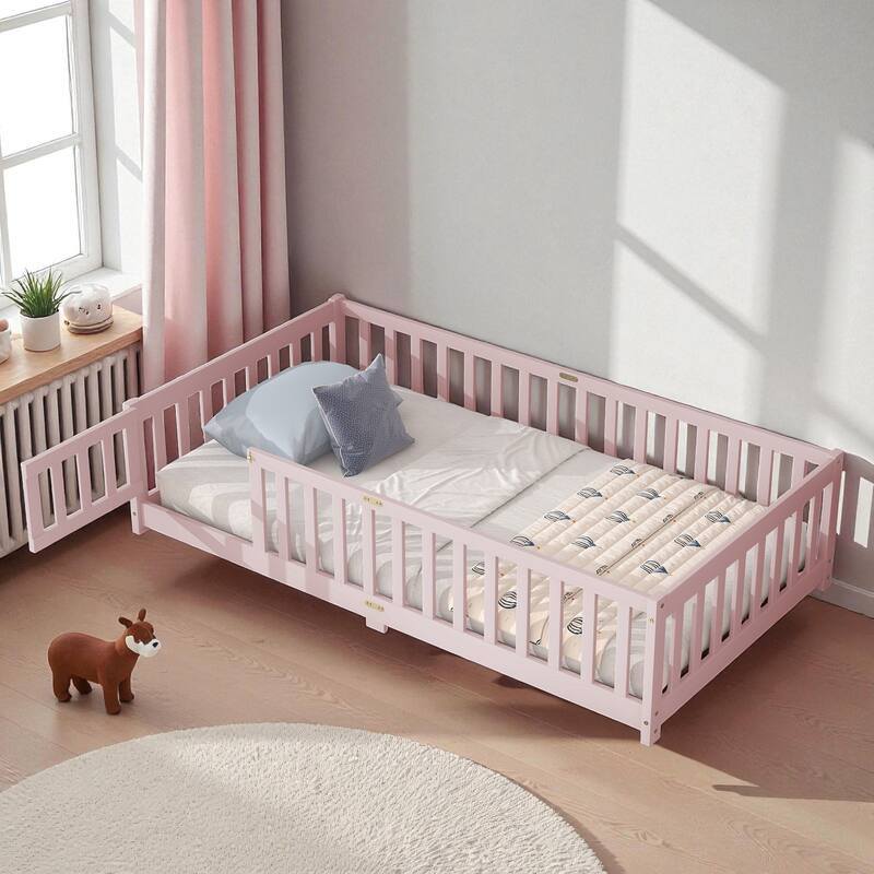 Twin Size Rubber Wood Floor Bed with Fence and Door, Montessori Platform Bed with Safety Guardrails for Kids - Pink - Twin