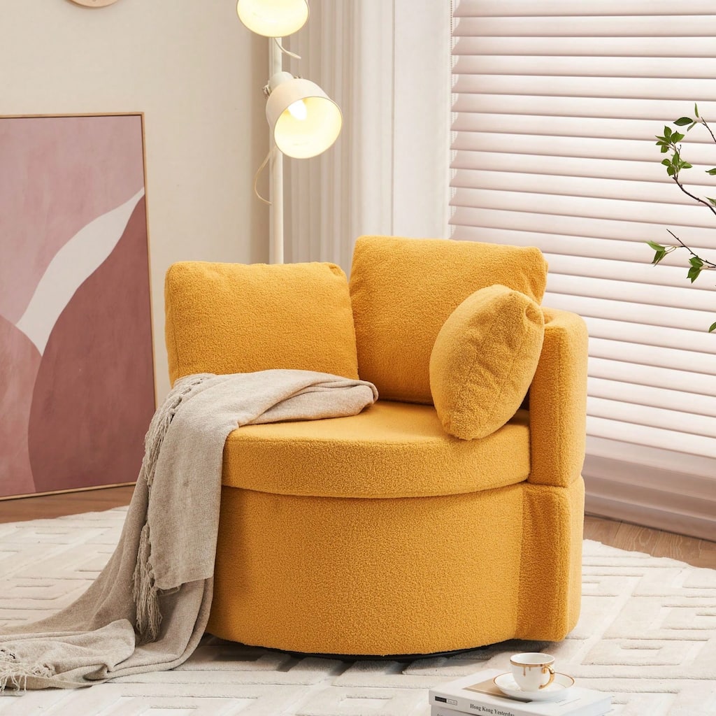 Cusp Barn Modern Upholstered 360° Swivel Chair, Storage Single Sofa With Back Cushion, Muticolour Choice Teddy Fabric Couches