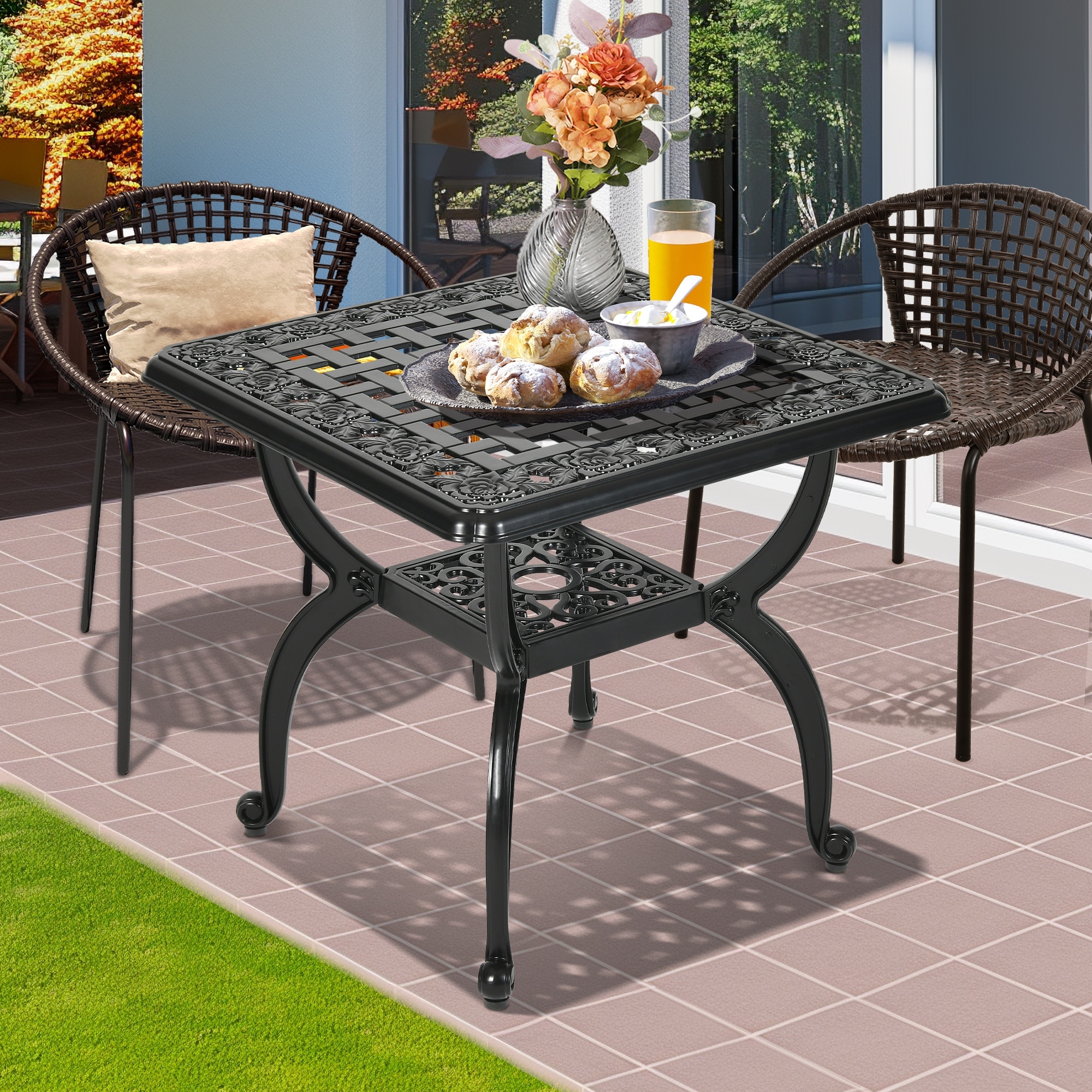 Moasis Outdoor Cast Aluminum Square Side Table Patio End Table Bistro Coffee Table for Backyard Garden Porch Balcony Black