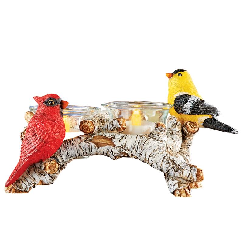 Colorful Birds on Branch Tealight Candle Holder with 2 Glass Votives - 7.87 x 4.33 x 4.33