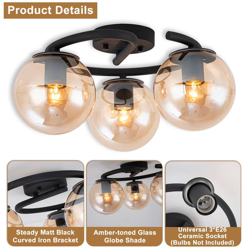 3 Light Matte Black Flush Mount Lighting Industrial with Amber Glass Globes - Dia.16.93-in