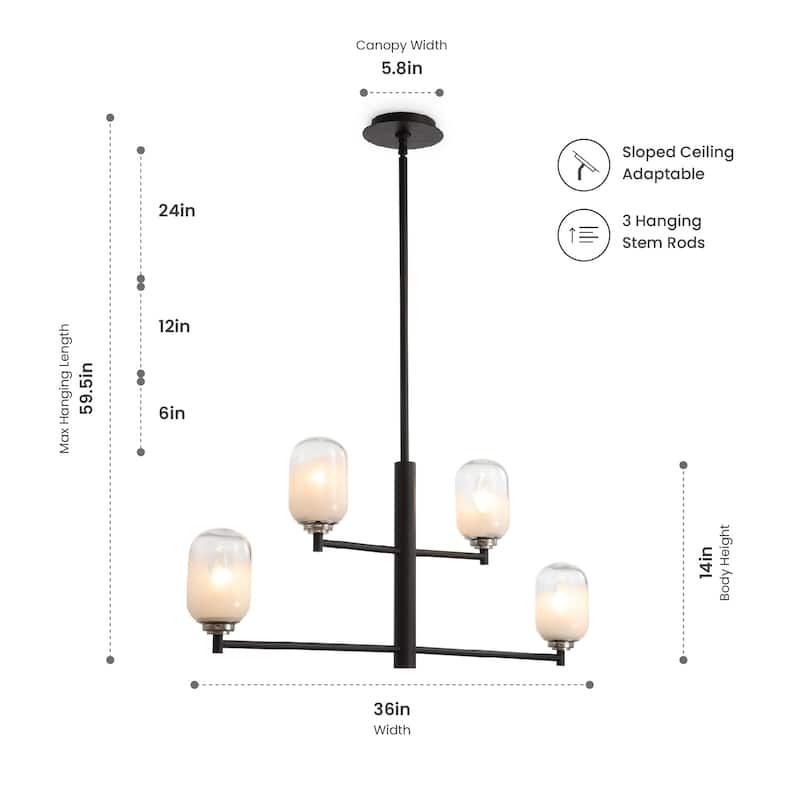 VidaLite Seren 4-Light Matte Black Pendant With Handmade Glass Shades, Round Modern Style Pendant Chandelier Light - 14" x 36"