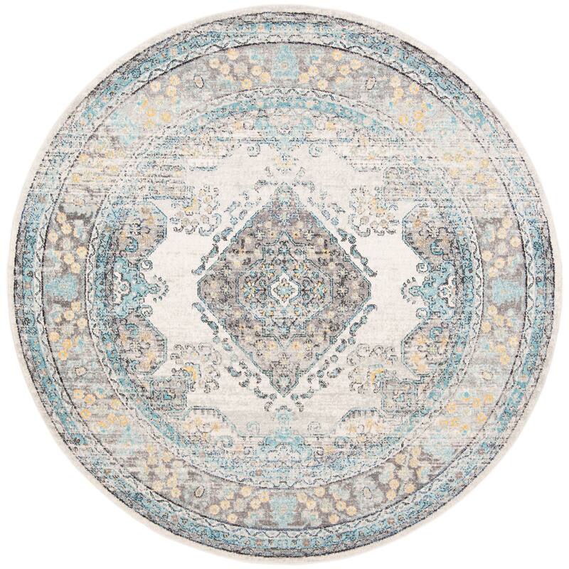 SAFAVIEH, Evoke Seniha Vintage Boho Medallion Rug - 6'7" Round - Grey/Blue
