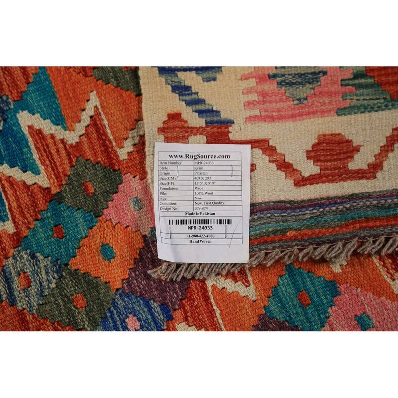 Reversable Kilim Oriental Area Rug Hand-Woven Orange Wool Carpet - 9'9"x 13'5"