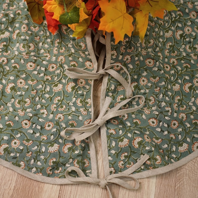 Fabdivine Hand Block Floral Soft Pure Linen Fabric Home Décor Christmas Tree Skrit - 36" - Himachal- Green, Brown - Rustic/Modern & Contemporary/Farmhouse