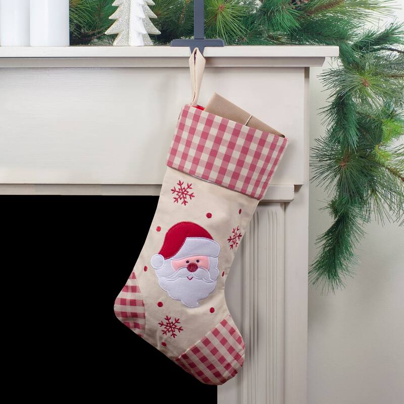 16.5" Red Ivory Embroidered Santa Claus Stocking Gingham Cuff