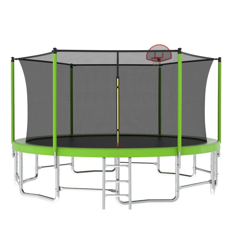 Outdoor Kids Trampoline with Basketball Hoop and Ladder, with Safety Enclosure for Backyard Fun