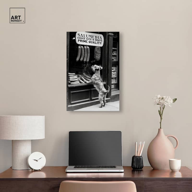 Window Shopping Pup Canvas by Art Remedy, Gallery Wrapped