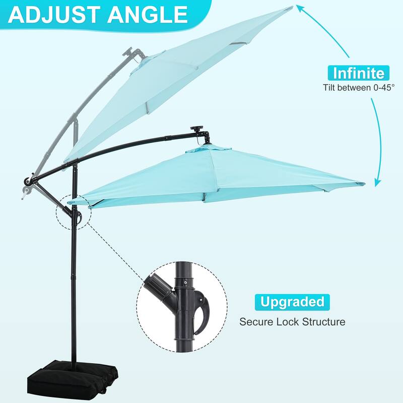 Autlaycil 10ft Offset Hanging Market Patio Umbrella With Base&Solar Lights