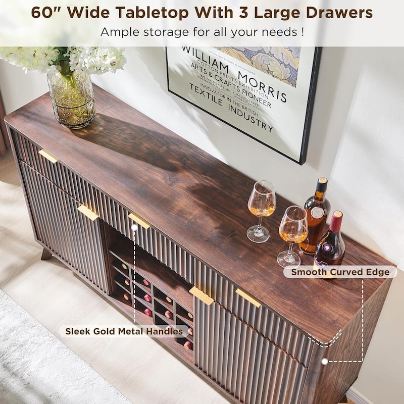 Modern Fluted Wine Bar Cabinet, Coffee Bar Cabinet w/Wine & Glass Rack