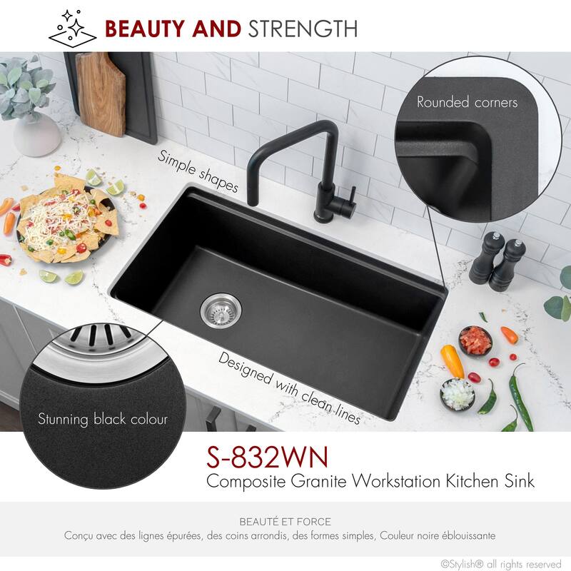 Dual mount 32 inch Black Composite Granite Single Bowl Workstation Kitchen Sink