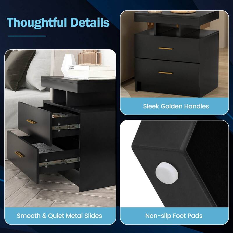 Costway LED Nightstand Set of 1/2 with 2 Storage Drawers Adjustable