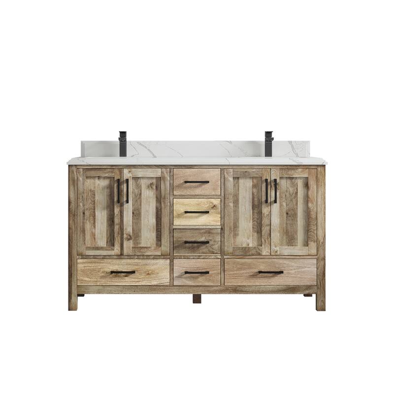 Willow Collections 60 in. W x 22 in. D Malibu Mango Double Sink Bathroom Vanity with Countertop - 1.5" Calacatta Laza - Natural Mango