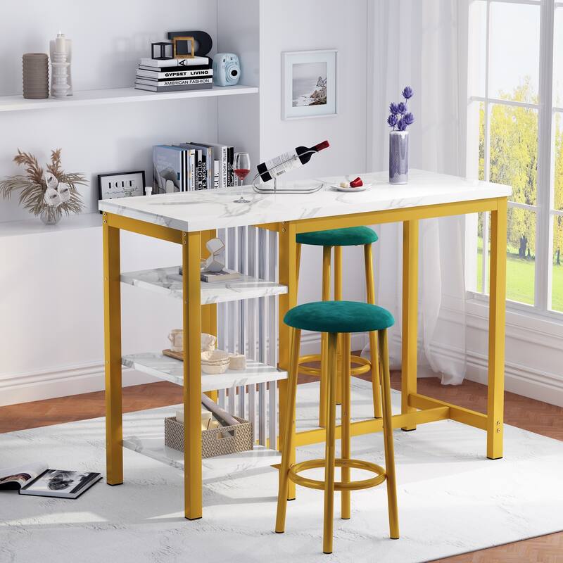 Grondin Modern Contemporary Faux Marble 3 Piece Bar Table Set with 2 Upholstered Stools and Extra Storage Shelves