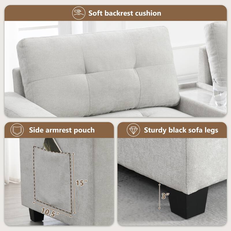 L-shape Chenille Sectional Sofa with 2 Acrylic Consoles Table Top, USB Charger, 2 Drawers, Pockets and Ottoman for Living Room