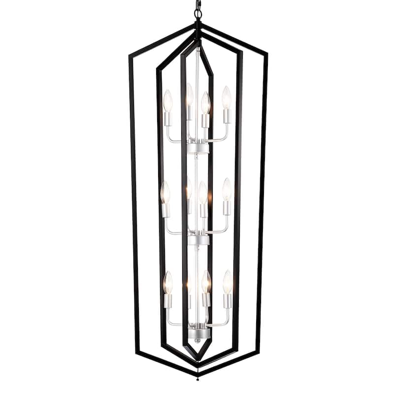 12-Light Farmhouse Kitchen Chandeliers, Matte Cage Light Fixture Adjustable Height Chandeliers for Dining Room Hallway - Black
