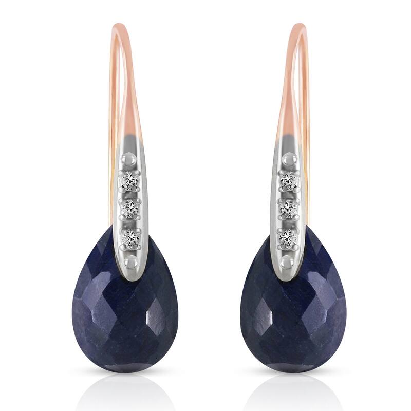 14K Solid Gold Hook Earrings w/ Diamonds & Dangling Dyed Sapphires