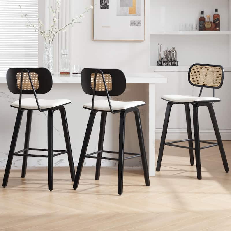 26-inch Wood Counter Height Bar Stools with Rattan Back