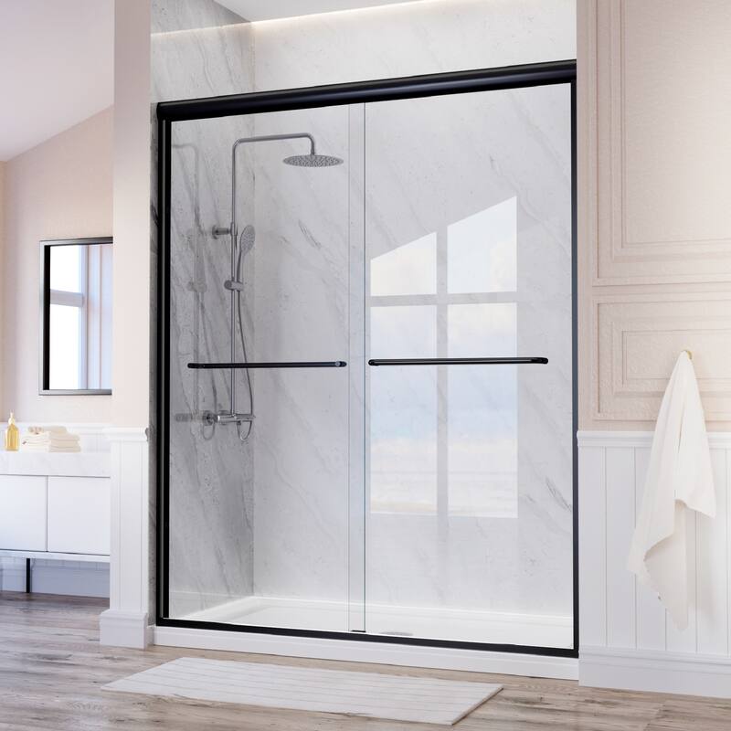 i-Homare 59'' W X 72'' H Semi-Frameless Double Sliding Shower Door with 2 Towel Bars - Black