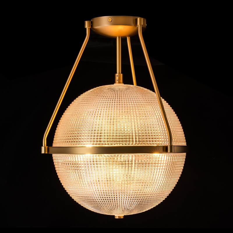 3-Light Mid-Century Modern Grid Textured Glass Globe Bubble Semi-Flush Mount Light for Dining Room - 13.7 in. W x 17.1 in. H