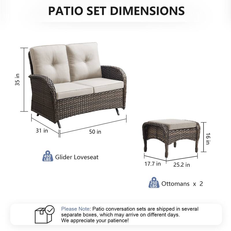 Pocassy 3 Pieces Glider Sofa Loveseat with Ottomans