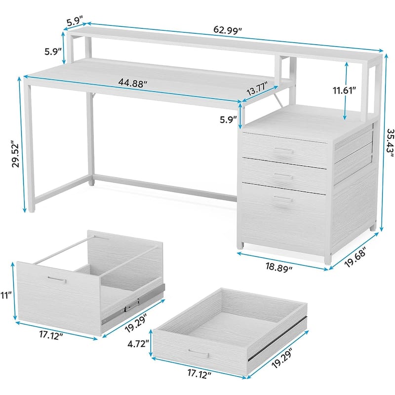 63" Computer Desk with Monitor Stand, Ergonomic Home Office Desks with Drawers File Cabinet