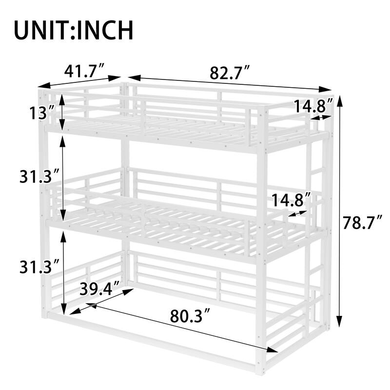 Roomfitters Twin/Full/Queen Metal Triple Bunk Bed with Safety Guardrails, Heavy-Duty Noise-Reduced Frame, White
