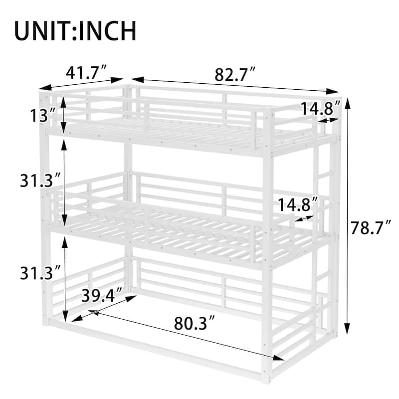 Twin XL over Twin XL over Twin XL Metal Triple Bunk Bed Safety Guardrails Noise reduced
