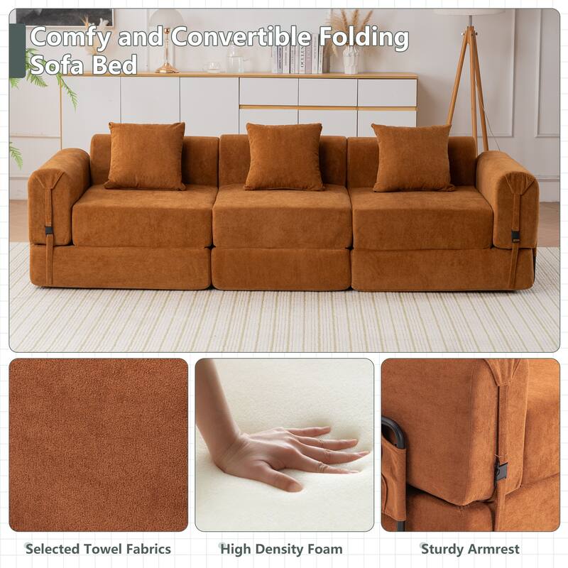 Folding Recliner Sofa 3-seater Straight Row Sectional Sofa Convertible Sleeper Sofa Bed, Fold Out Floor Couch Modular Sofa