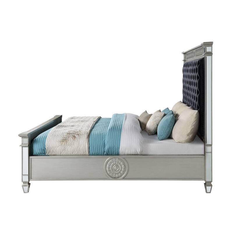 Solaro Dark Navy Blue Tufted Queen Bed