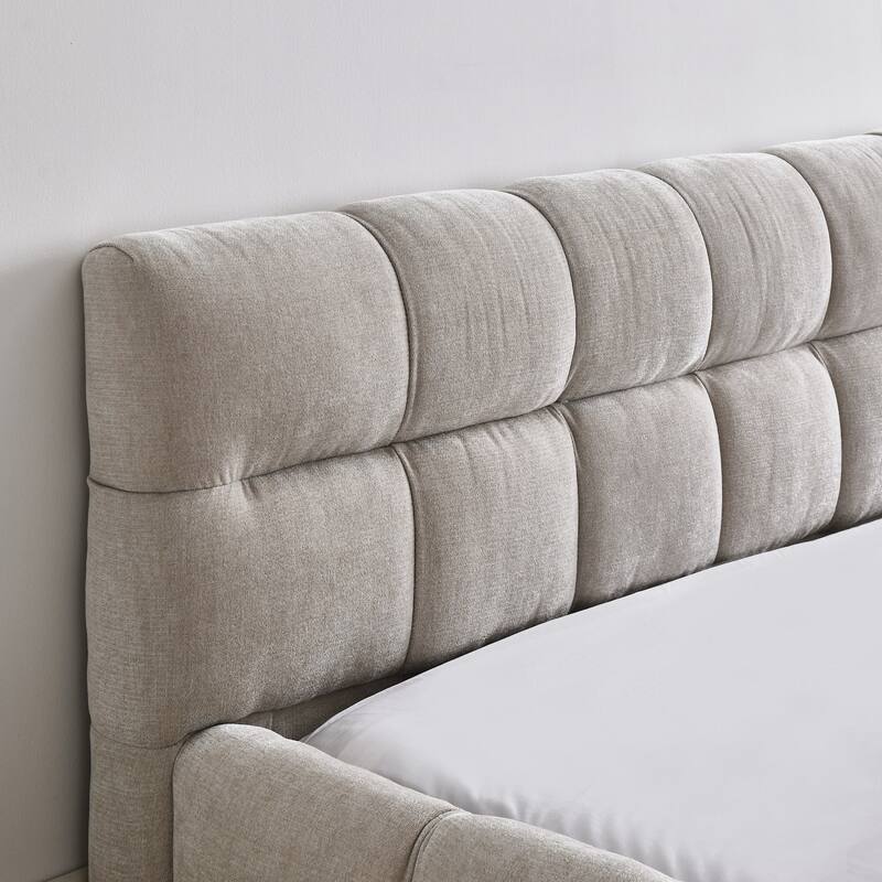 Chenille Fabric Grounded Queen Size Platform Bed with Headboard and Solid Frame
