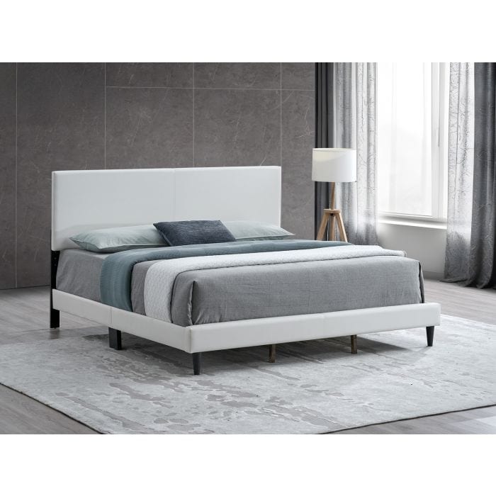 Modern White Upholstered Bed Frame with Adjustable Headboard and Slatted Support