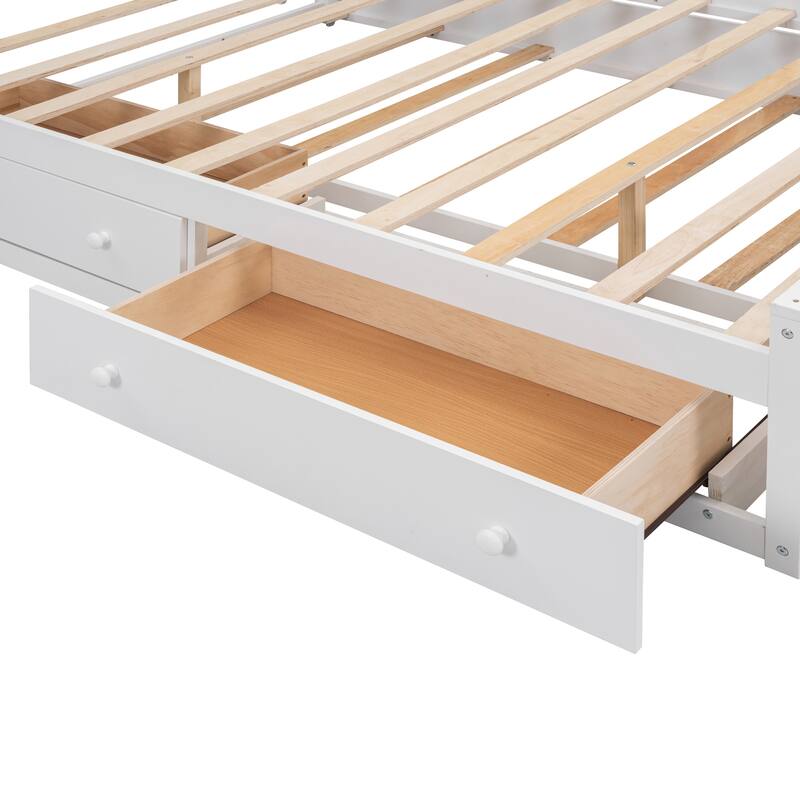 Queen Size Wooden Platform Bed with 2 Drawers, Sockets& Pull-out Trundle Bed, All-in-One Cabinet and Shelf White Headboard