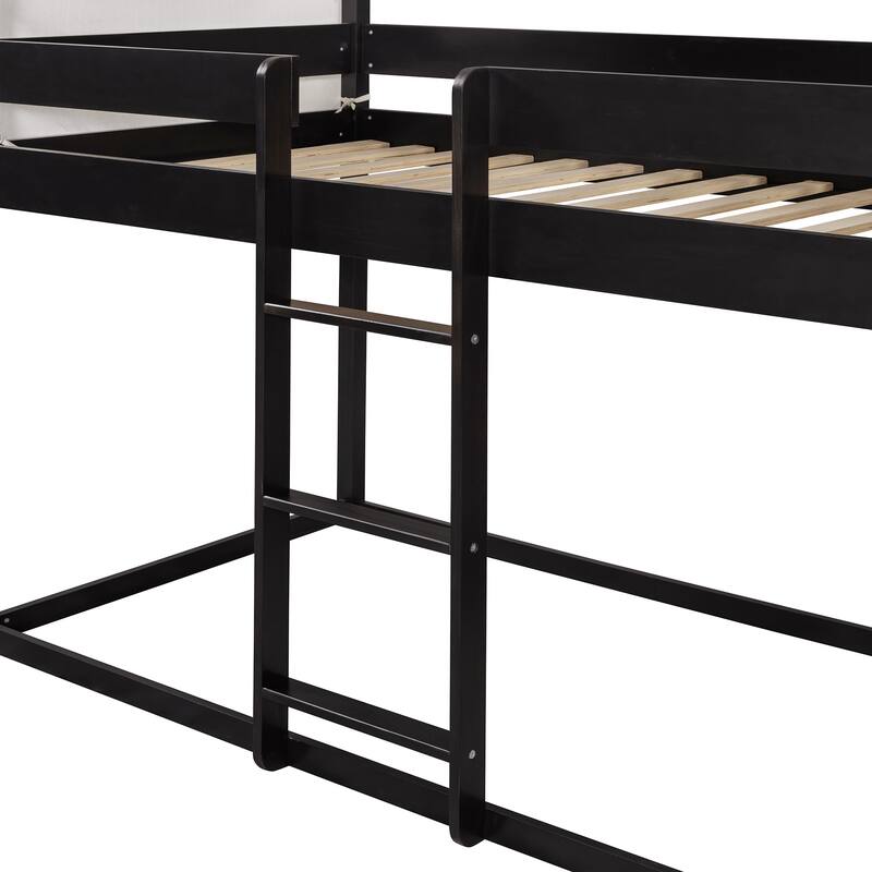 Twin Over Twin Wood Bunk Bed with Play Tent and Espresso Solid Wood, 250lb Capacity, Fun House Design for Kids