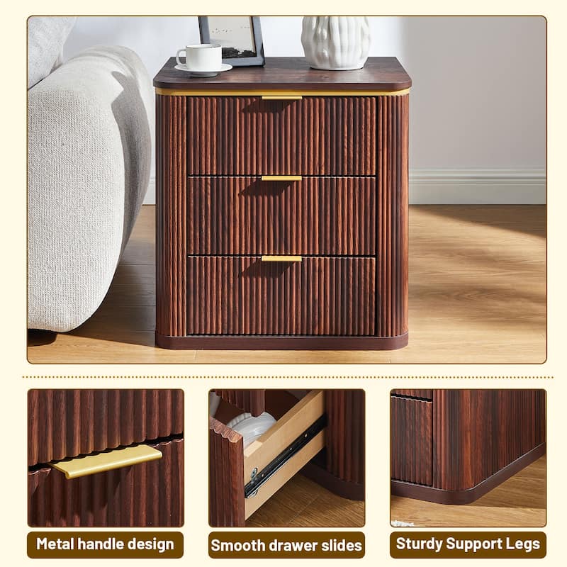 24" Mid Century Modern Fluted 3 Drawers Nightstand, Large End Table