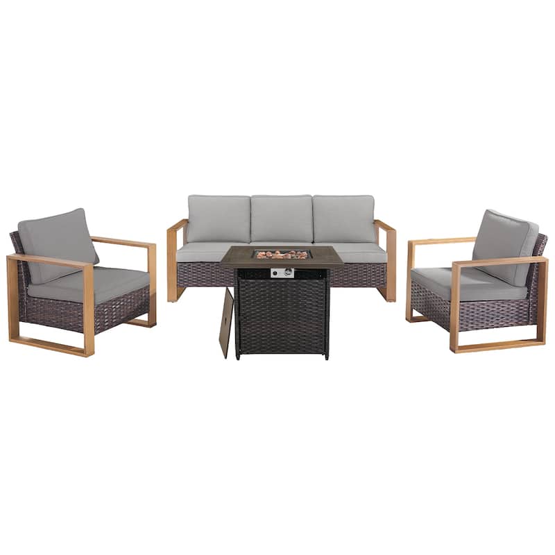 Pocassy Outdoor Fire Pit with 3-Seat Sofa Club Chairs Patio Furniture Set