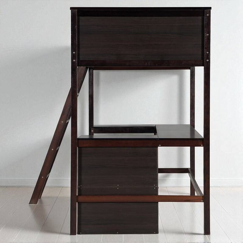 Twin Size Loft Bed with Shelves and Desk, Wooden Frame with Sturdy Ladder and Guardrails