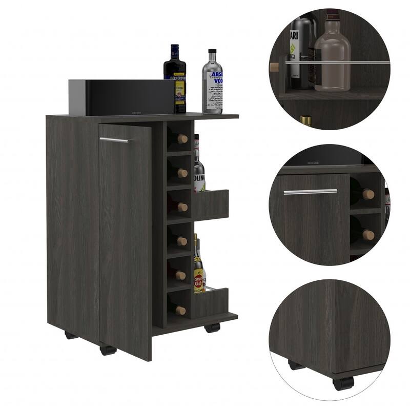 HomeRoots Espresso Rolling Bar Cart With Wine Storage - 23.70 in. x 32.40 in. x 14.80 in.