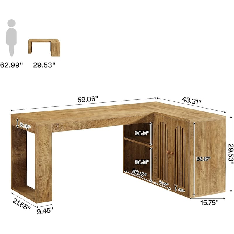 L Shaped Executive Desk with Storage Cabinet, 59-Inch Corner Office Desk