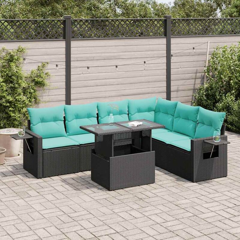 vidaXL 7 Piece Patio Sofa Set with Cushions Black/Brown/Gray Poly Rattan - 24.4 x 24.4 x 27.2 - Black with storage