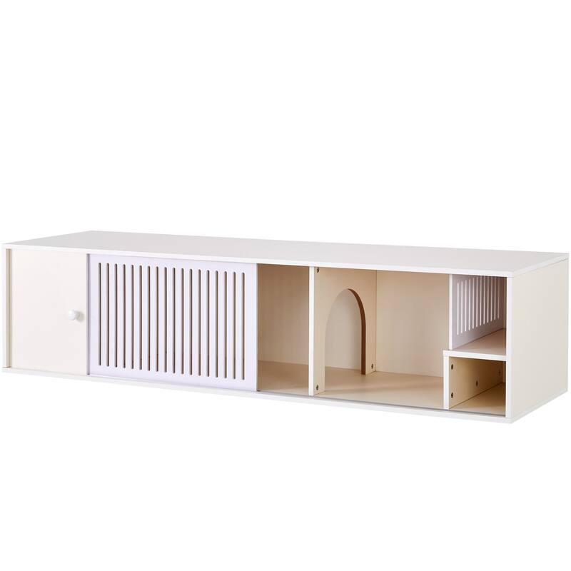 Wood Media Console with Removable Sliding Door, TV Stand with Slatted Doors, Cat-Friendly Compartments