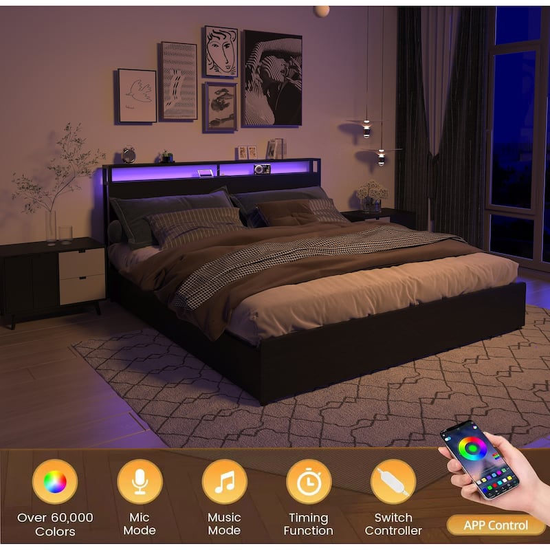 King Bed Frame with Storage Headboard, Charging Station, LED Lights, Easy Assembly