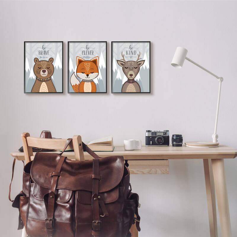 Stupell Be Kind Brave and Clever Phrases Forest Animal, 3pc Multi Piece Framed Wall Art Set