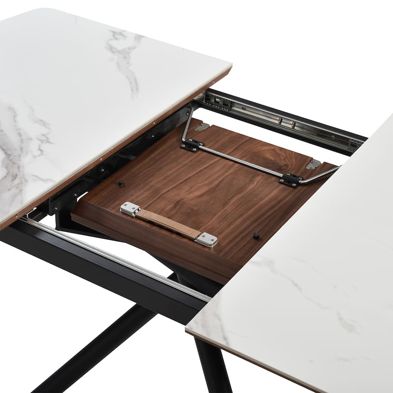 Alora 51" - 67" Extendable Dining Table with Light Gray Ceramic and Wood Top and Metal Legs