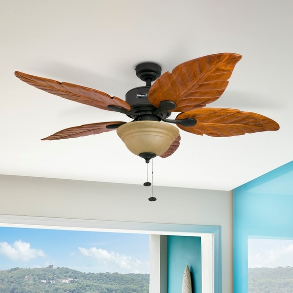 Honeywell Sabal Palm Tropical Ceiling Fan w/ Sunset Bowl Light, Five Hand Carved Wooden Leaf Blades, Bronze - 52-inch. Opens flyout.